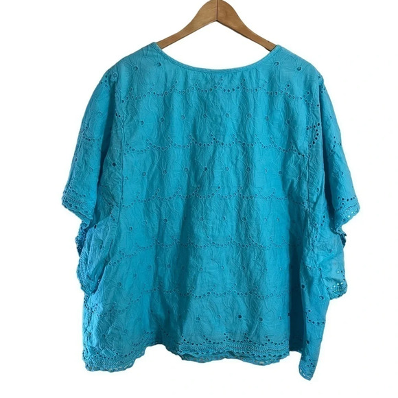 Catherine’s Blue Blouse 4X Eyelet Cutouts Flower Embroidered Flared Short Sleeve - Picture 2 of 8
